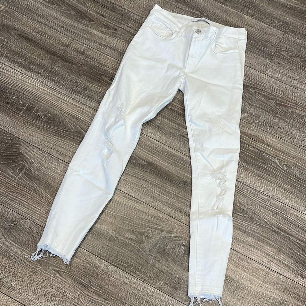 J Brand Raw Hem Distressed Knees Cropped White Skinny Jeans size 27